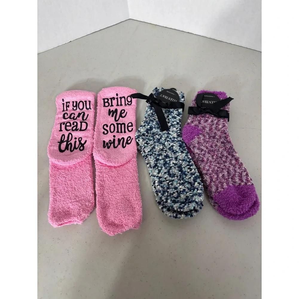 Ellen Tracy Cozy Socks Womens‎ Pack 3 Pink Wine Blue Purple
